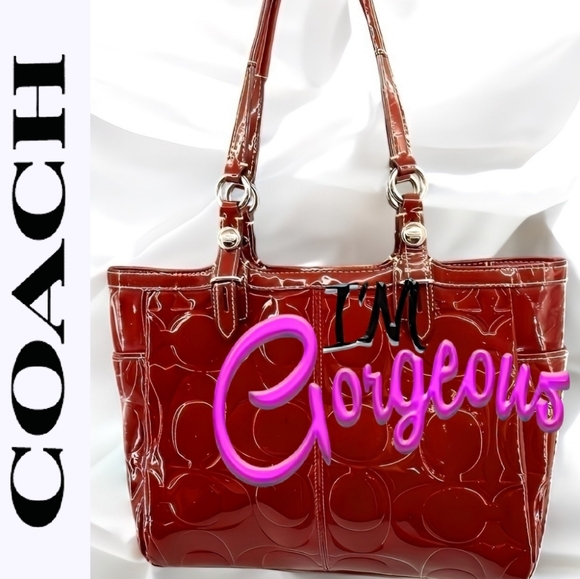 Stunning COACH Signature C Burgundy Embossed Patent Lea 2-Way Tote F15248  EUC - Picture 1 of 16